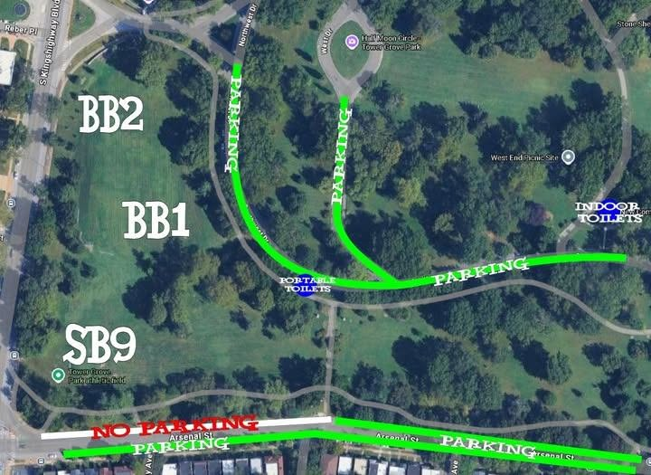 Map of STL BigBalls fields BB1, BB2, and SB9 with nearby parking and restroom locations in Tower Grove Park.
